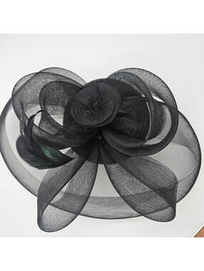 Fascinator Hat w Iridescent Black Feather Black Crinoline Mesh